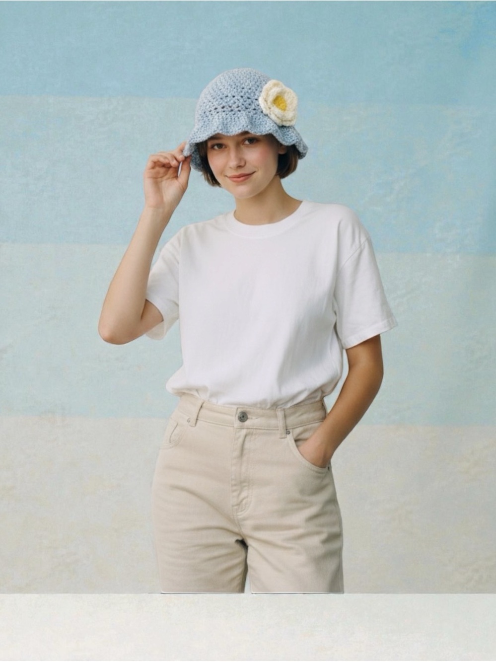 Light Blue Crochet Bucket Hat with Cream Flower
